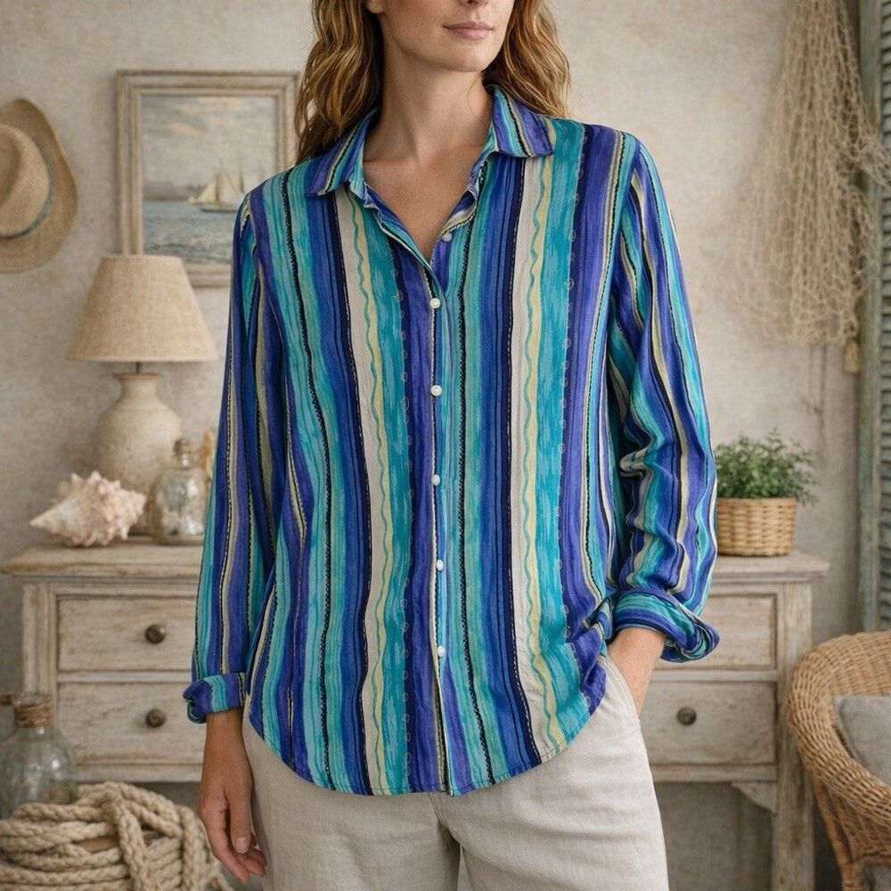 Vintage Robbie Bee Womens Silk Blouse Size S Blue Striped Semi Sheer Coastal